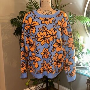 Floral Crew Neck Oversized Sweater in Blue and Orange